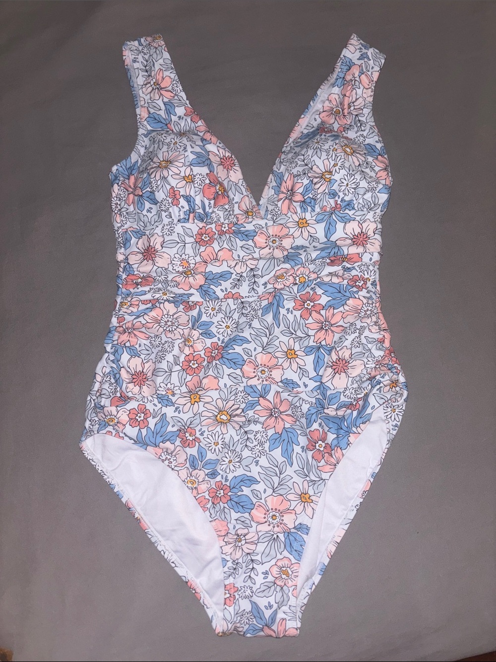 Floral V-Neck One-Piece Swimsuit in White with Pink & Blue Flowers